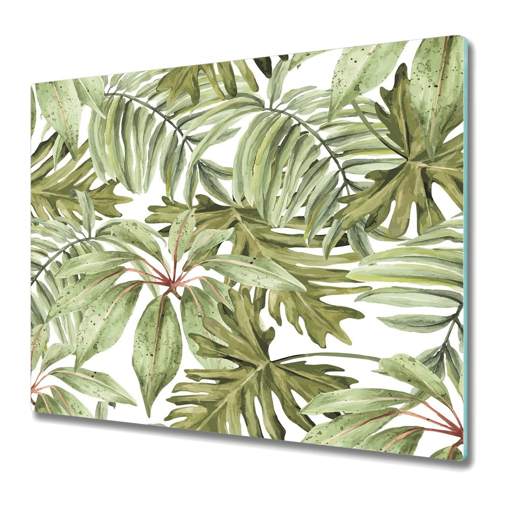Glass Chopping Cutting Board Light Banana Leaves Tropical Bright Artwork 60x52