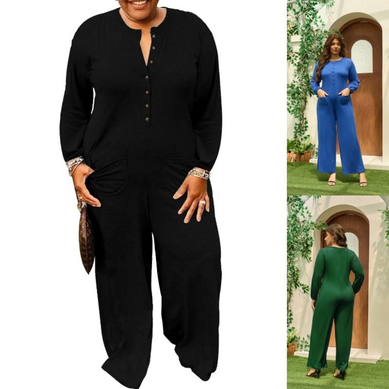 Women's Plus Size Elegant V-Neck Long Sleeve Jumpsuit - Wide Leg Romper Pockets