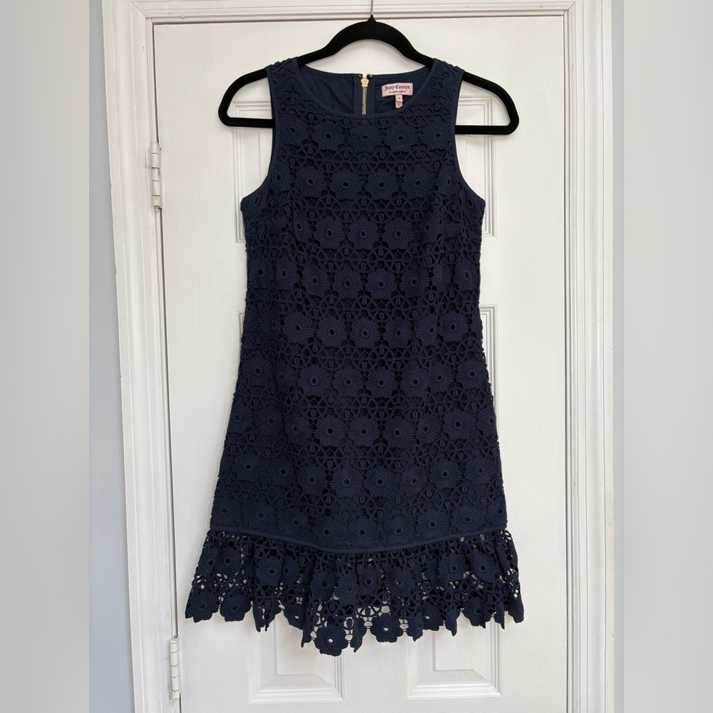 Juicy Couture Dress  Navy Blue Ruffle Hem Floral Eyelet