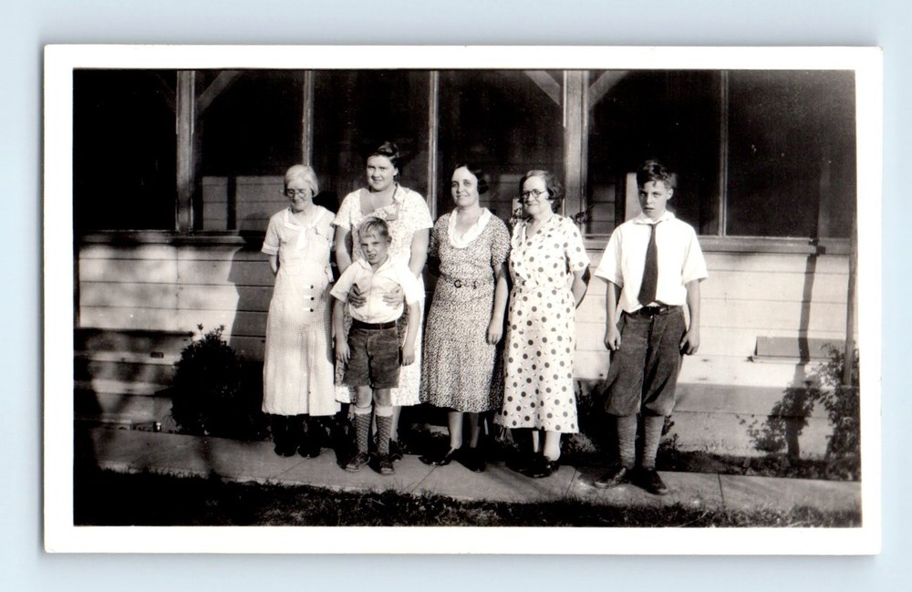 Old Vintage Photo WOMEN BOYS STANDING OUTSIDE HOUSE ANTIQUE SNAPSHOT