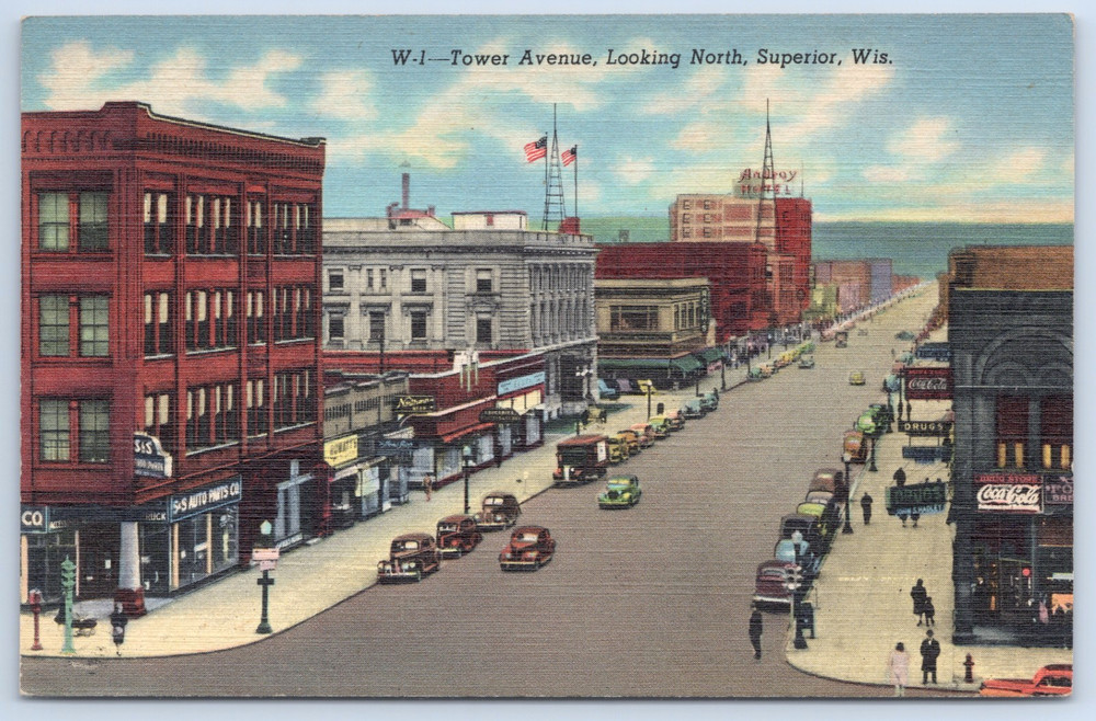 WI Superior Tower Avenue Auto Parts Drug Store Coca-Cola Linen Postcard