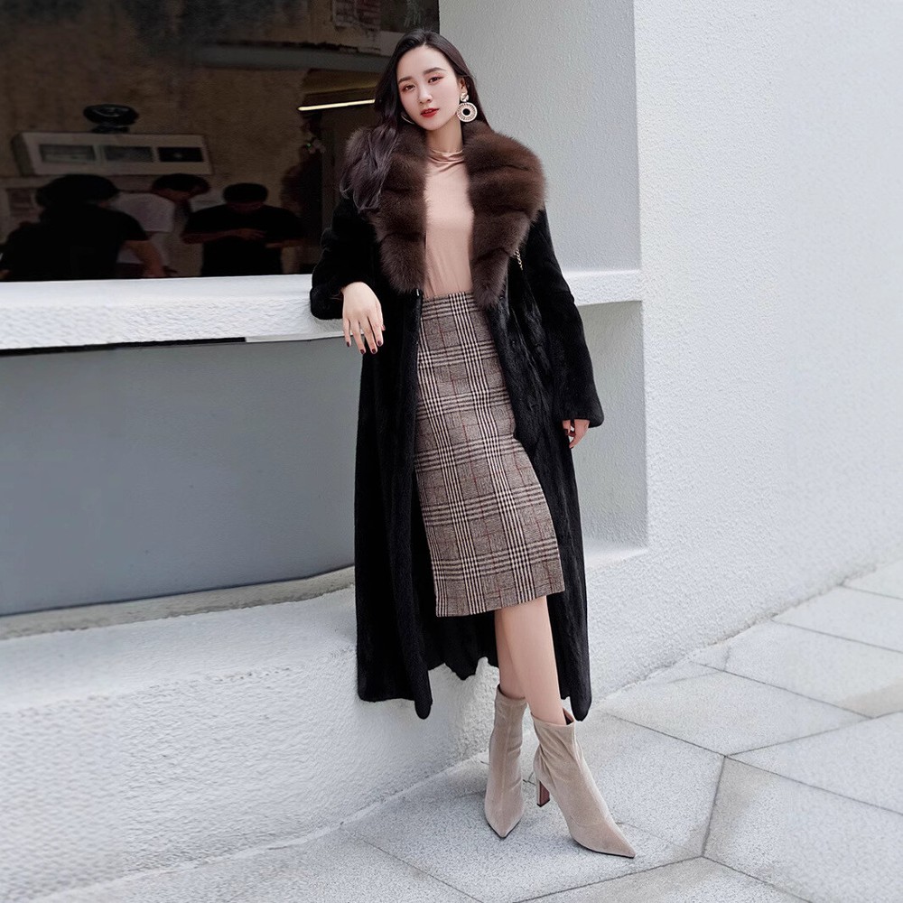 Luxurious Sable Collar Faux Fur Mink Coat Warm Winter Jacket