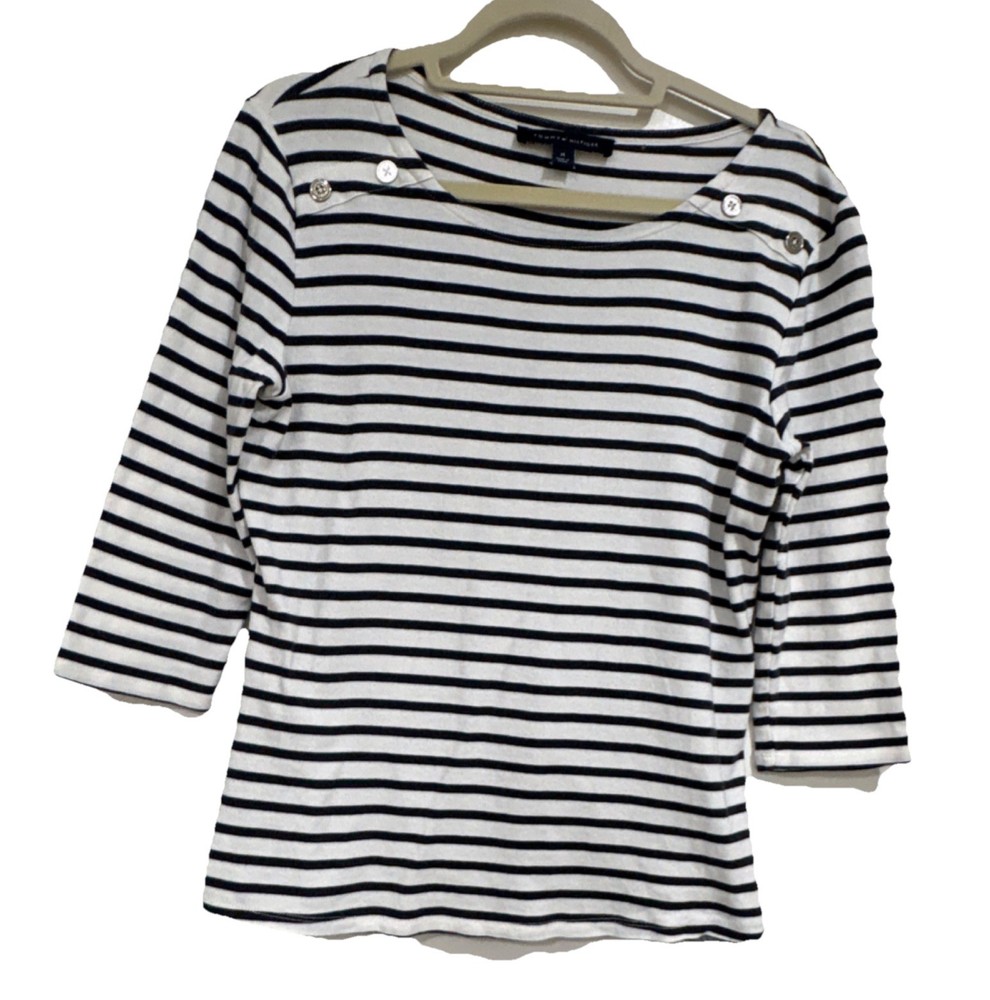 Tommy Hilfiger Womens Sz Med Navy White Striped 3/4 Sleeve Boatneck Nautical Top