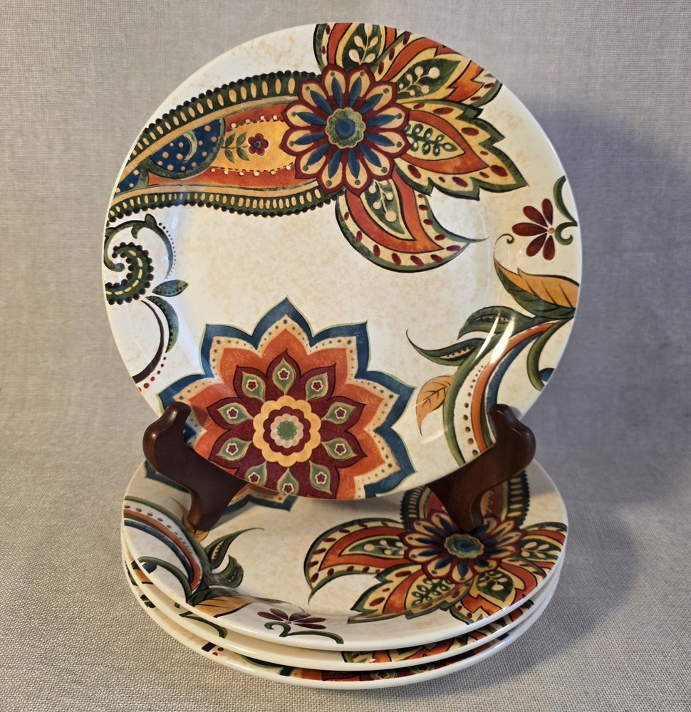Pier 1 Imports Ironstone Salad Plates Set of 4 Colorful Paisley Floral Boho 8.5”