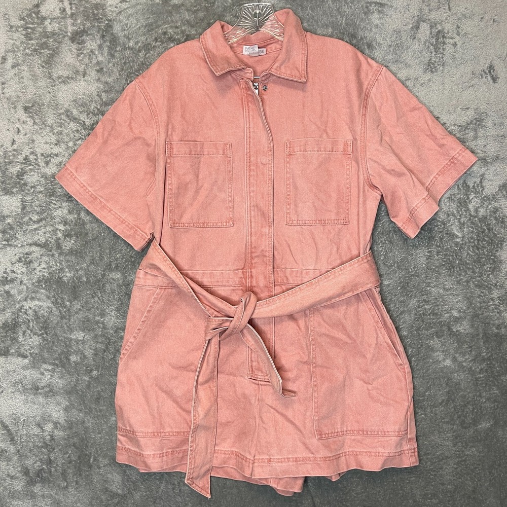 Women 90s Retro Grunge Baggy Loose Hip Hop Full Zip Belt Denim Utility Romper L
