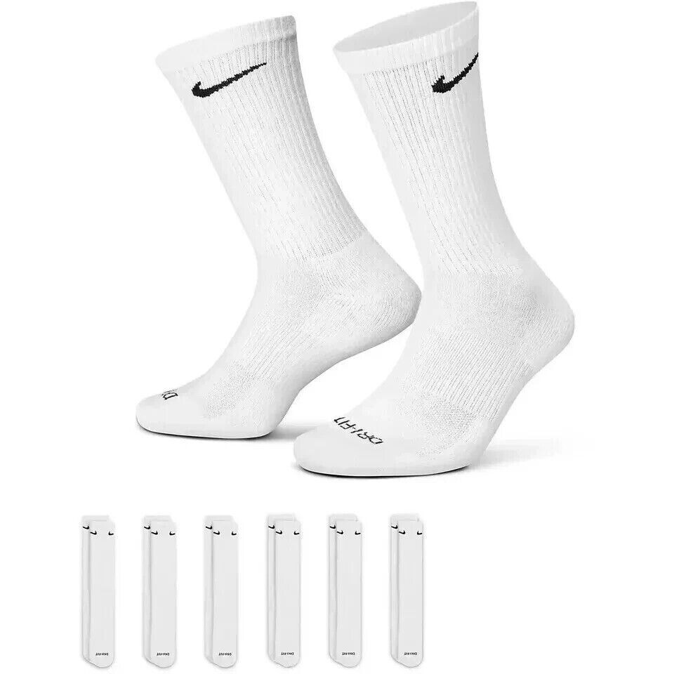 NIKE CREW DRIFIT ADULT UNISEX EVERYDAY TRAINING SOCKS,(6 PAIRS),WHITE, SMALL