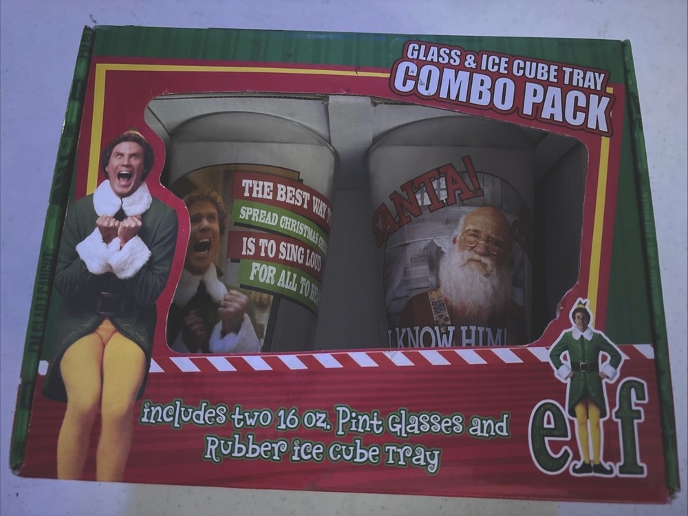 NEW IN BOX 2 Elf Glasses & Ice Cube Tray Combo Pack Pints Buddy Santa Christmas