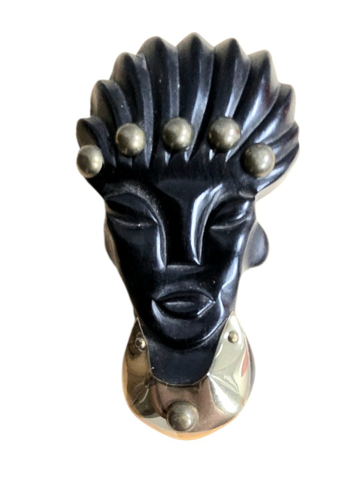 Vintage 1940s Elzac of Hollywood Black Bakelite African Queen Brooch Art Deco