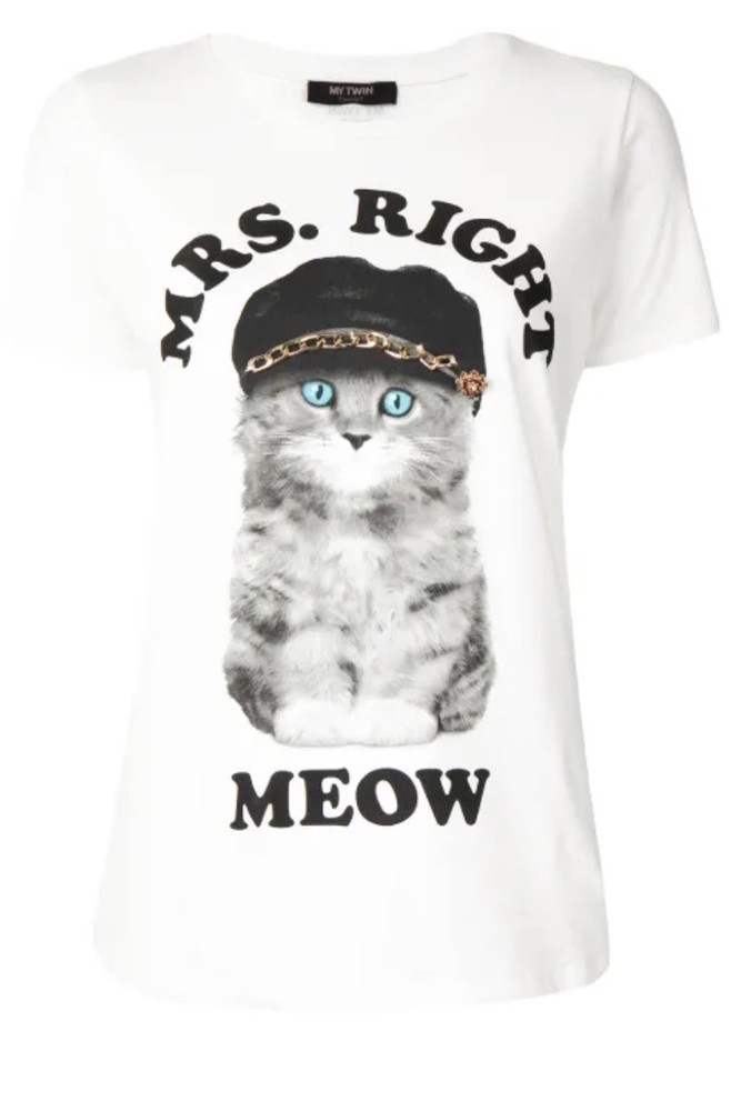 TWINSET Mrs. Right Meow Print Cotton T-shirt Top Shirt Ivory Size  XS