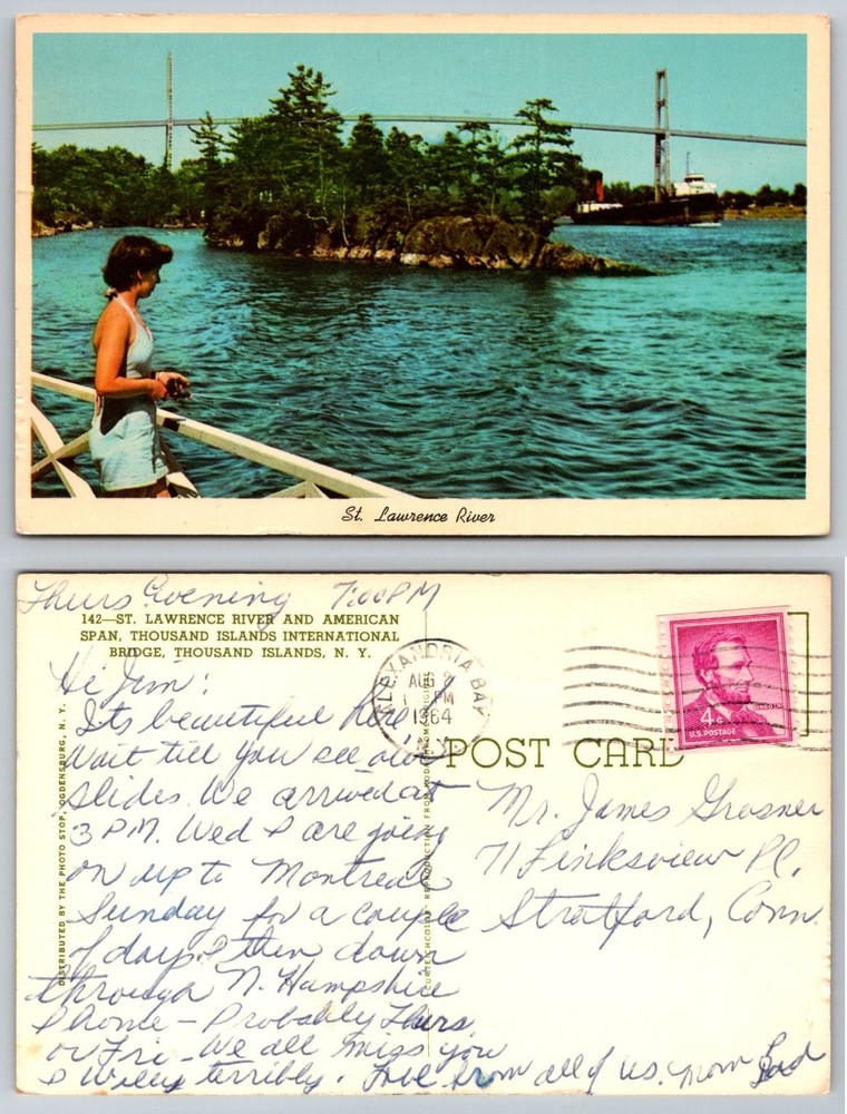 1964 Thousand Islands NY St. Lawrence River Bridge Curteichcolor Postcard