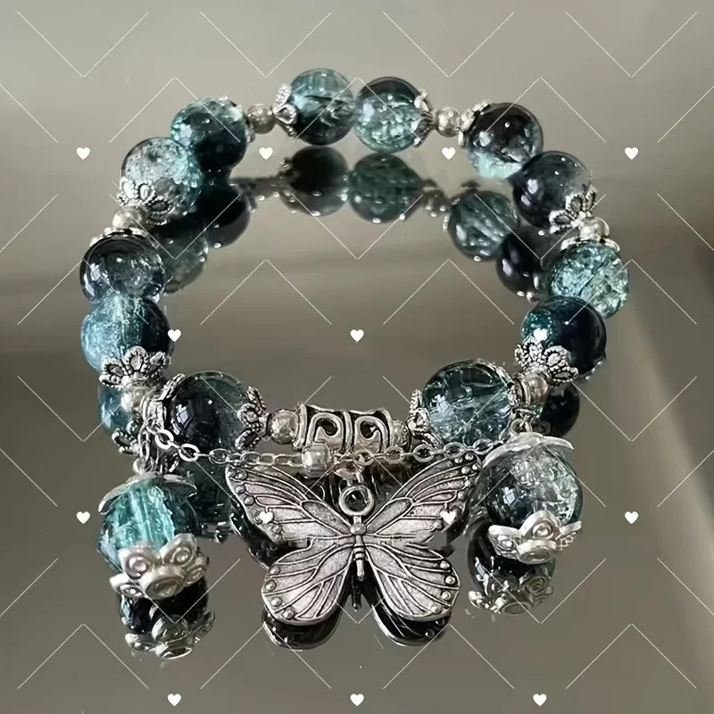 Women's Red Crystal Beaded Bracelet Maple Leaf Butterfly Pendant Fashion Gift