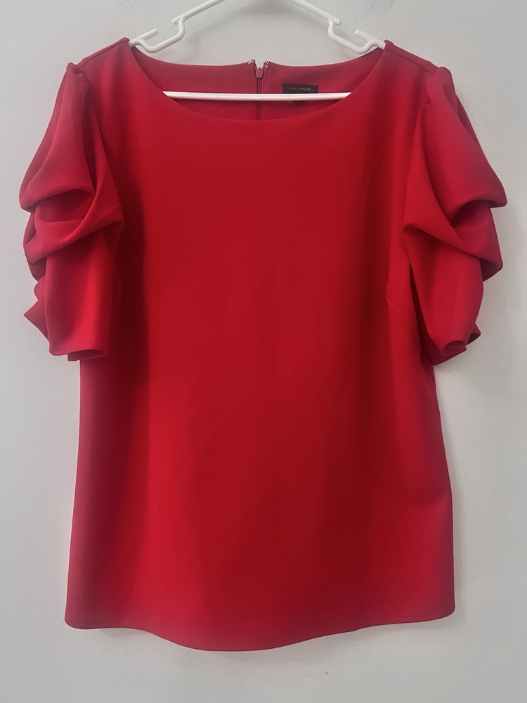 Ann Taylor Elegant Chic Red Balloon Sleeve Top Blouse Large