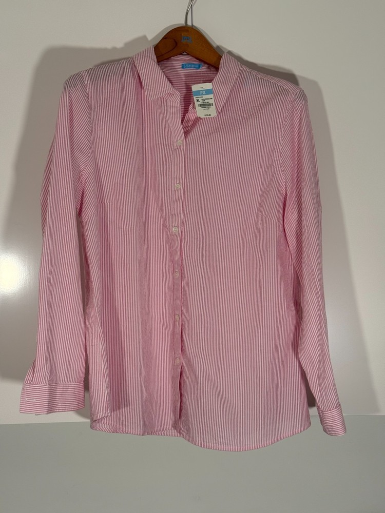 J McLaughlin Womens XL Pink White Seersucker Stripe Button Shirt NWT Orig $178