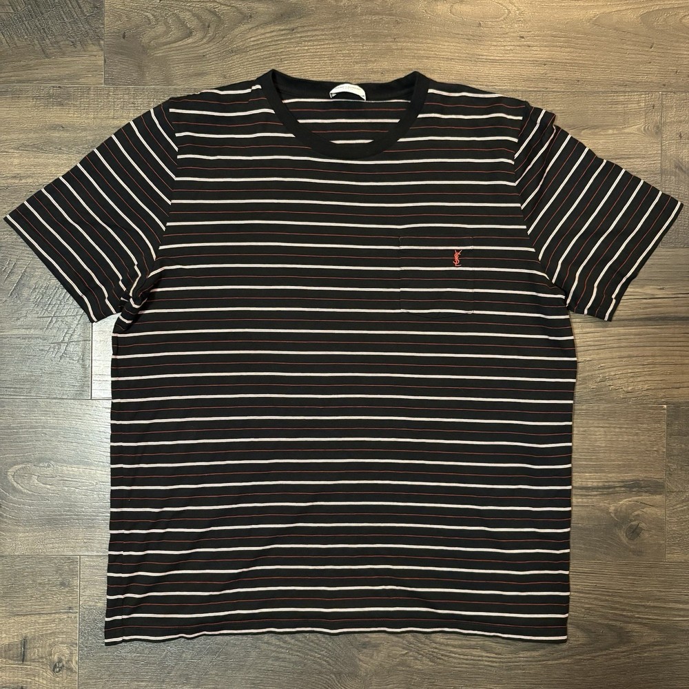 Saint Laurent Paris Black Stripe Cotton Crew Neck T Shirt Size XLarge