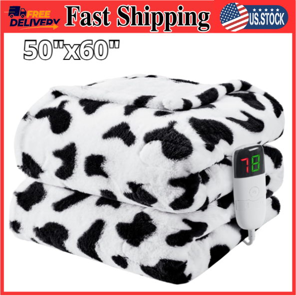 Cow Print Heated Blanket Electric Throw, 50X60 Faux Rabbit Fur Heating Blanket w