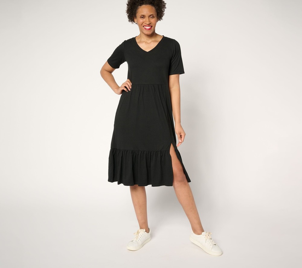 Cuddl Duds Women's Dress Sz S Flexwear Tiered v Midi Black A676560