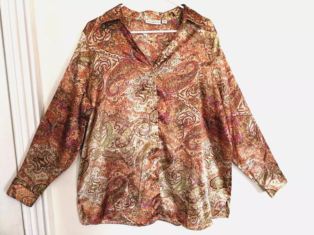 Susan Graver Womens Blouse 1X Plus Orange Green Paisley Button Up Long Sleeve