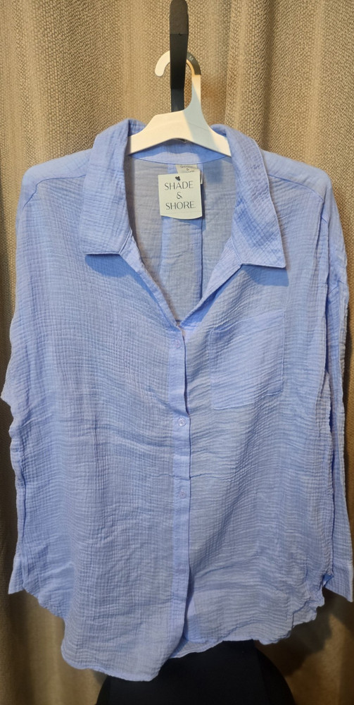 Shade & Shore Women's Blue Long Sleeve Collared Button-Up Cotton Cover Up M