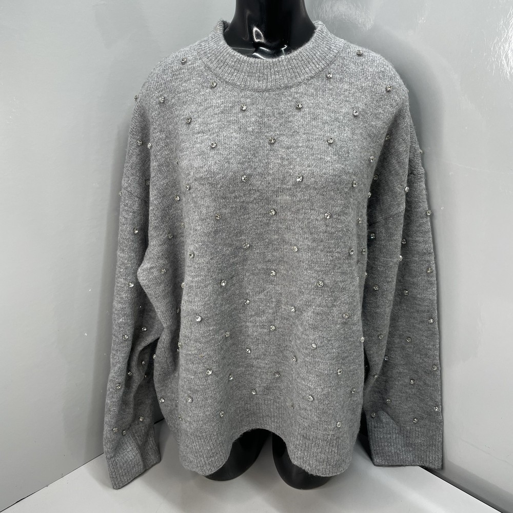 Pistola Womens Sweater Gray Size L Aura Relaxed Crewneck Crystal Embellished