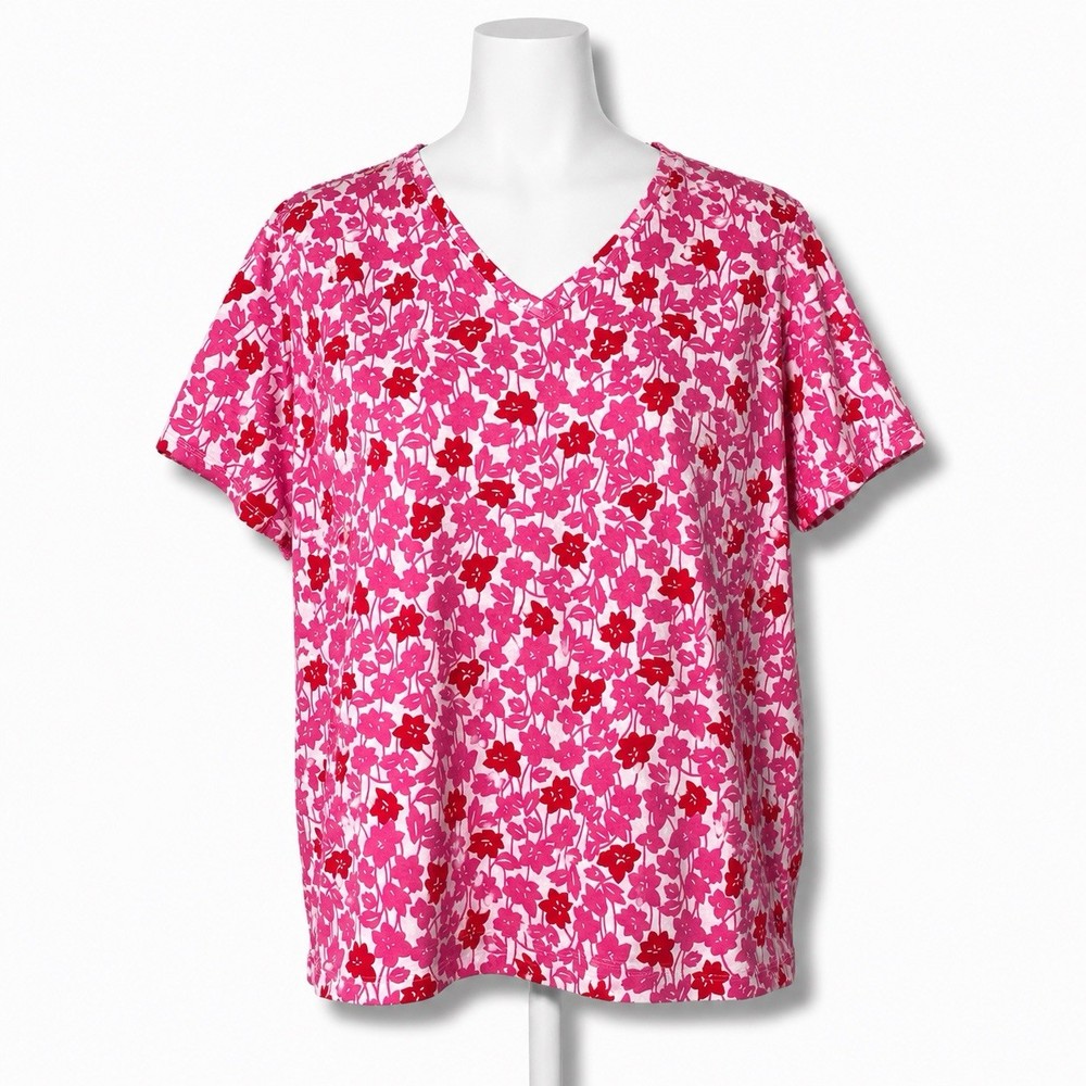 Lands End Relaxed T-Shirt Top Women XL Pink Floral V-Neck Short Sleeve Casual