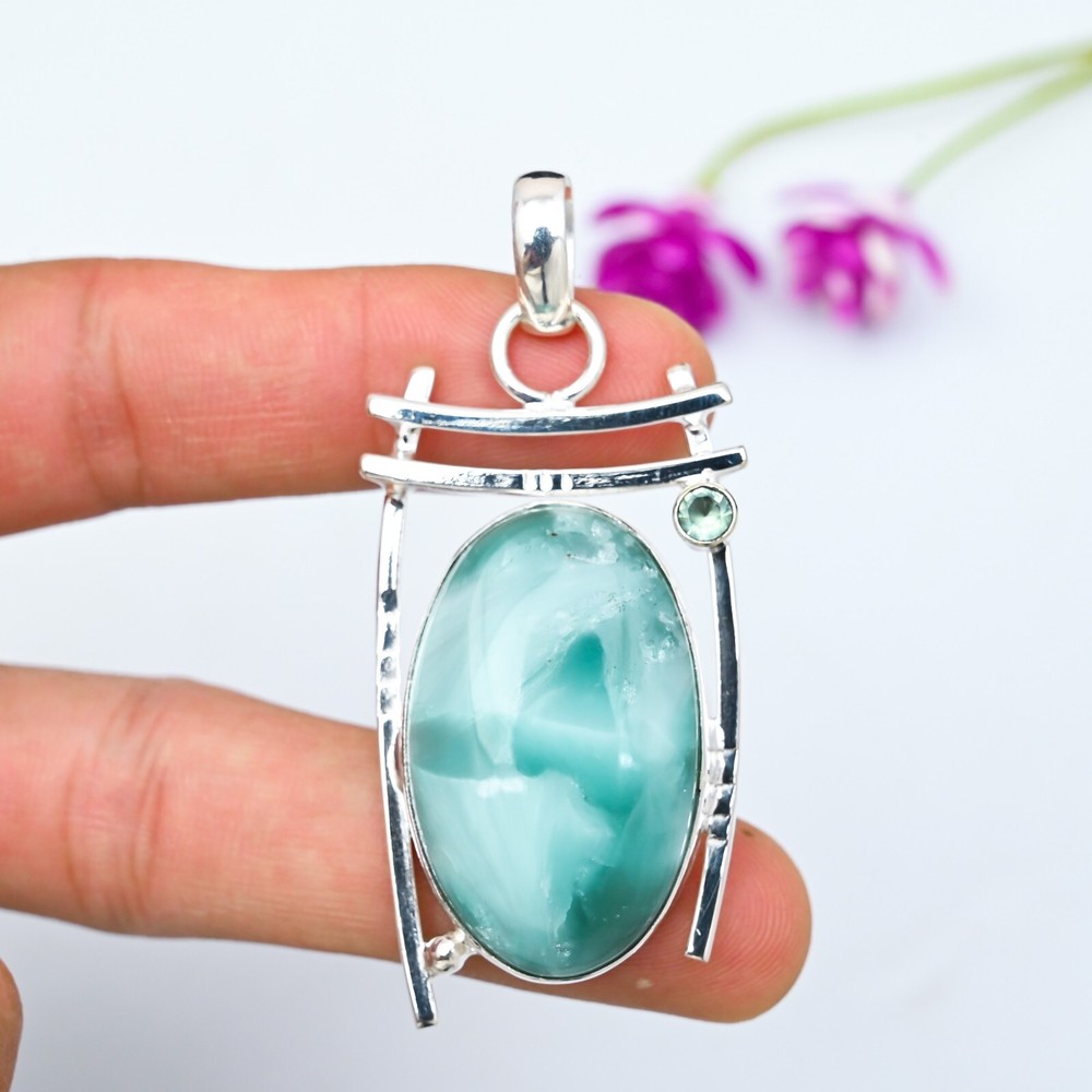 Natural Larimar & Peridot Gemstone Pendant in 925 Sterling Silver Handmade Jewelry