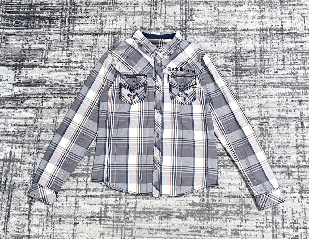Rock Revival Button Down Shirt Plaid Long Sleeve Embroidered Men’s Size M