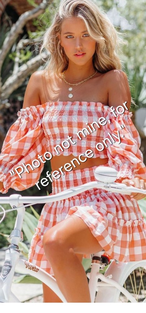 Women's Orange White Gingham Smocked Off Shoulder Balloon Sleeve Blouse XL