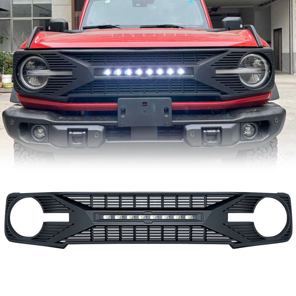 Matte Black Front Armor Grille Grill w/ Off-Road Light For 2021-2023 Ford Bronco