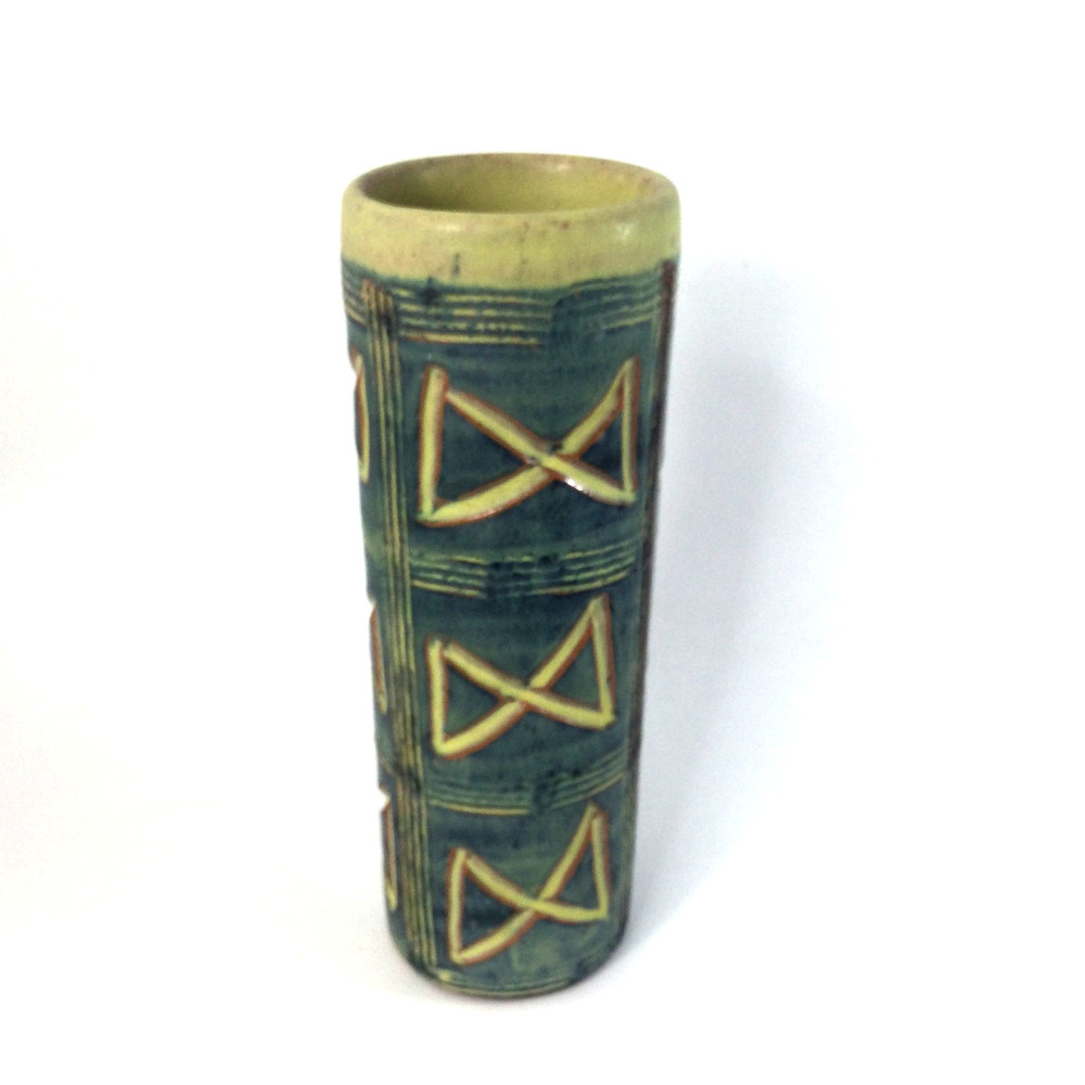 MCM Ceramic Vase Hal Lasky Puerto Rico Pottery Geometric Design Green 7