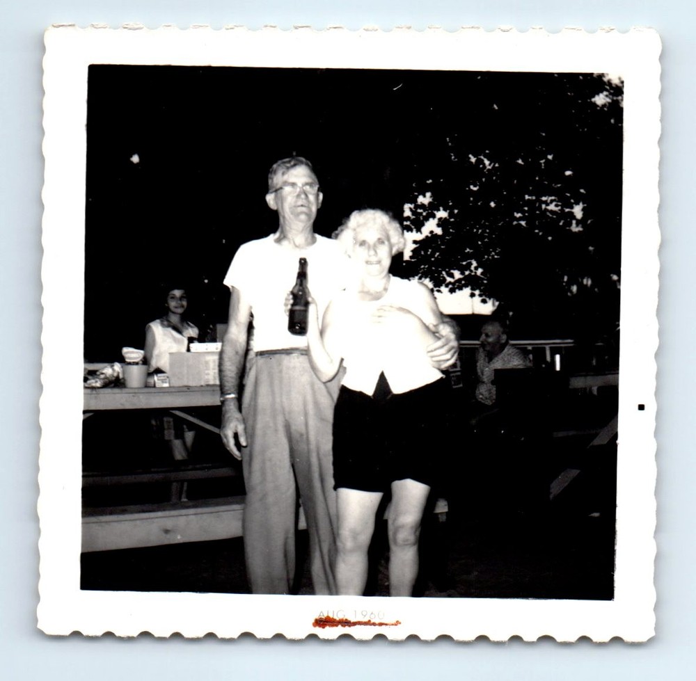 Old Vintage Square Photo ELDERLY OLDER MAN WOMAN COUPLE DRINKING BEER TABLE
