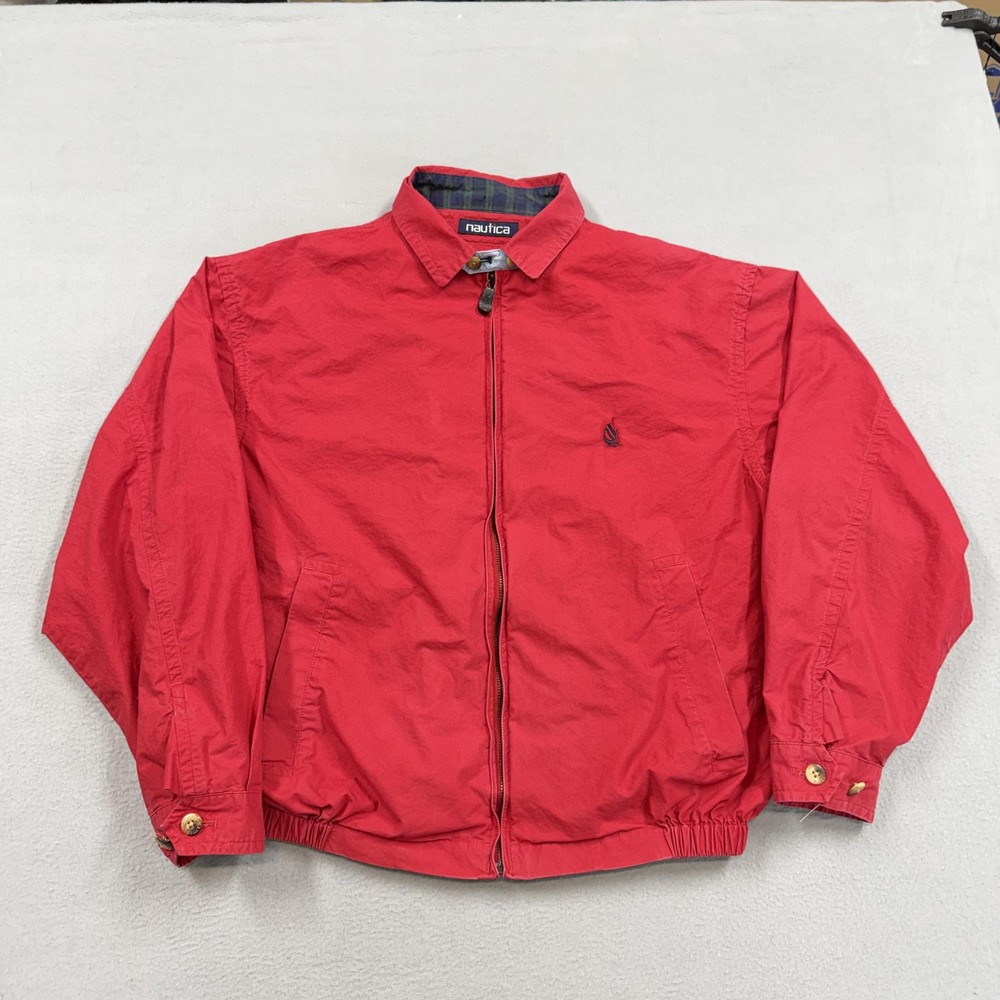 Vintage Nautica Jacket Mens Medium Red Cotton Canvas Windbreaker Full Zip Lined