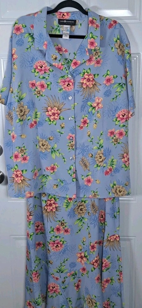 Sag Harbor Woman 2 Piece Skirt & Shirt Set Womens Size 24 Blue Tropical Floral