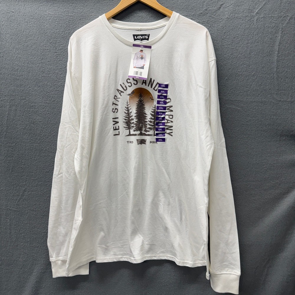 Levi's T-Shirt Mens XXL Long Sleeve Tree Logo White Brown Cotton NEW