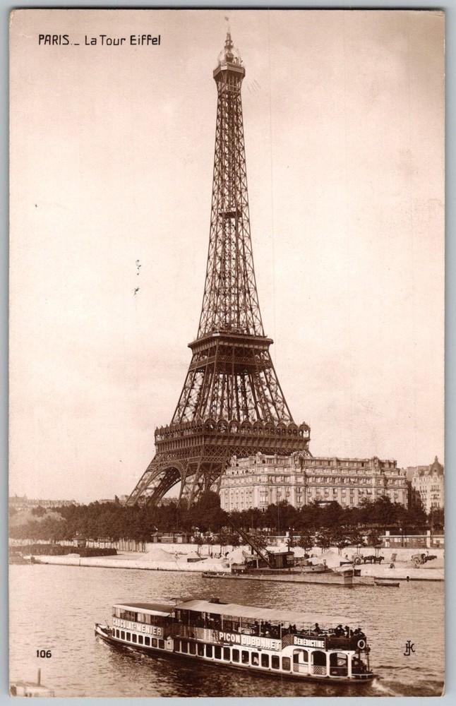 Antique Postcard Eiffel Tower Riverboat Paris, Fr 1910s