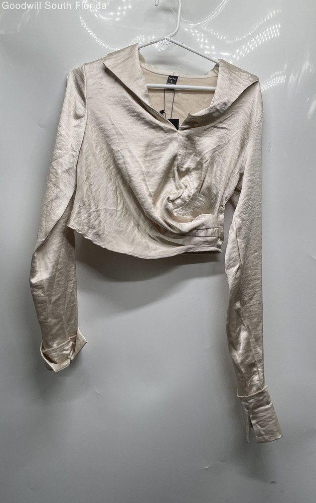 Shein X Womens Beige Long Sleeve Collared Cropped Blouse Top Size S With Tag