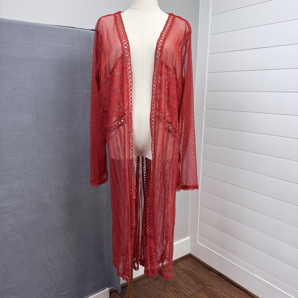 Sheer Duster Cardigan Lace Mesh Crochet Boho Festival Burnt Orange 2XL-3XL