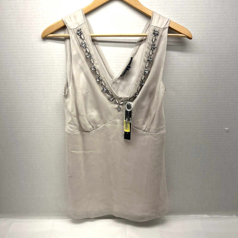 Antonio Melani Silk Top Womens M Taupe Sleeveless Rhinestone Beads NWT