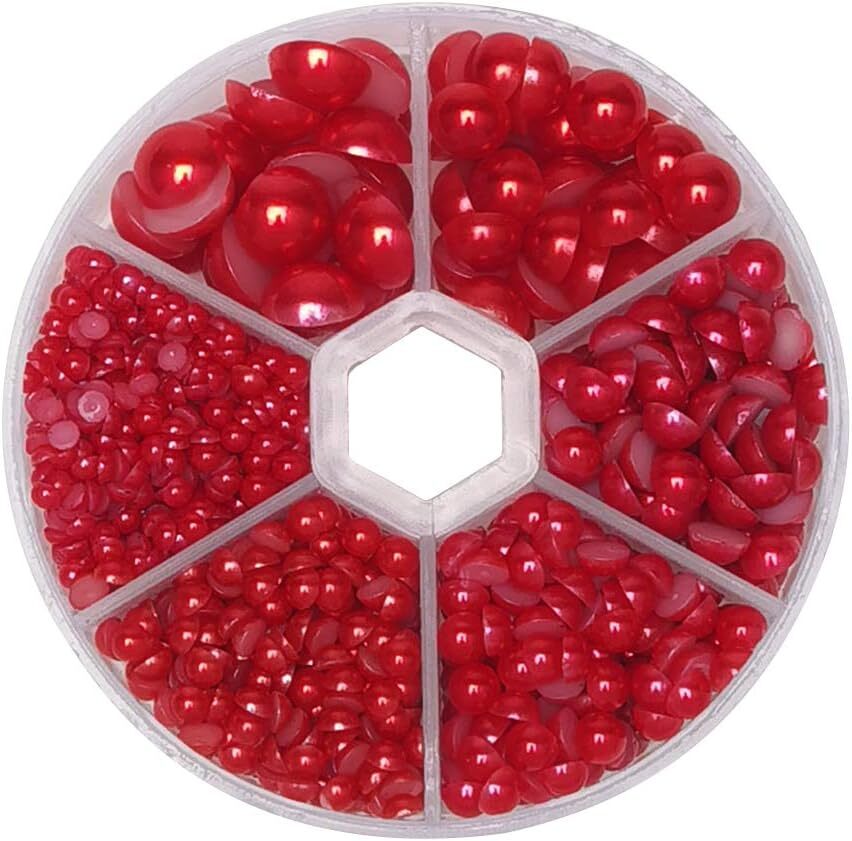1 Box 1170pcs Red Mix Sizes Round 3/4/5/6/8/10mm Flat Back Beads Half Pearl Scra