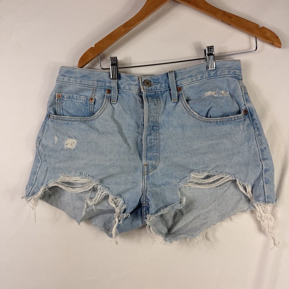 Levi's 501 Shorts Womens 31 Blue Denim Distressed Cut Off Button Fly Frayed Hem