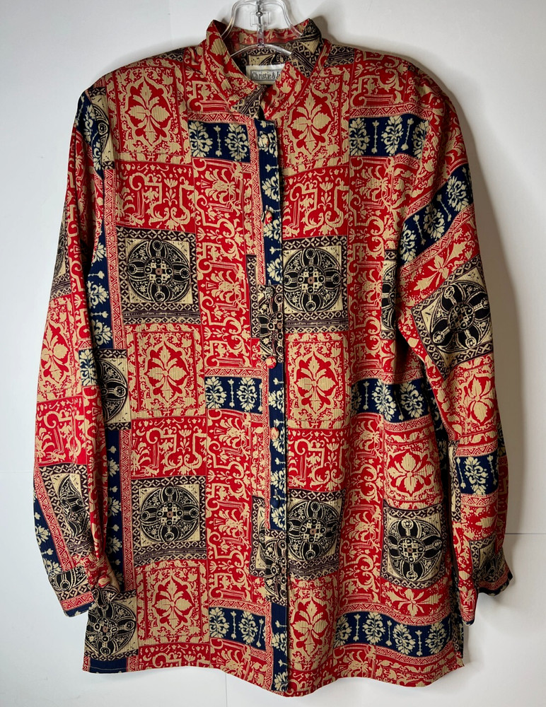 Vintage Christie & Jill Womens Small Blouse Mandarin Collar Button Down Up Shirt