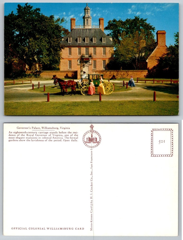 Governor's Palace Williamsburg VA Mirro-Krome Postcard H.S. Crocker Colonial