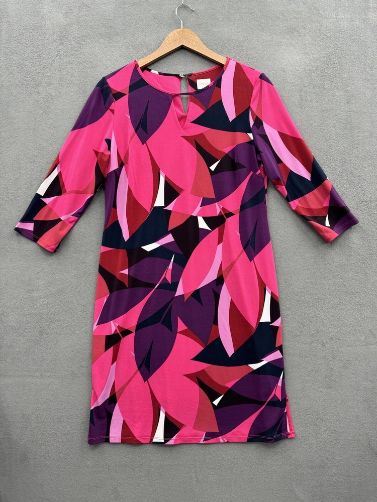 Chico’s Women’s 1 (Medium) Pink Purple Geometric Print Jersey Knit Shift Dress