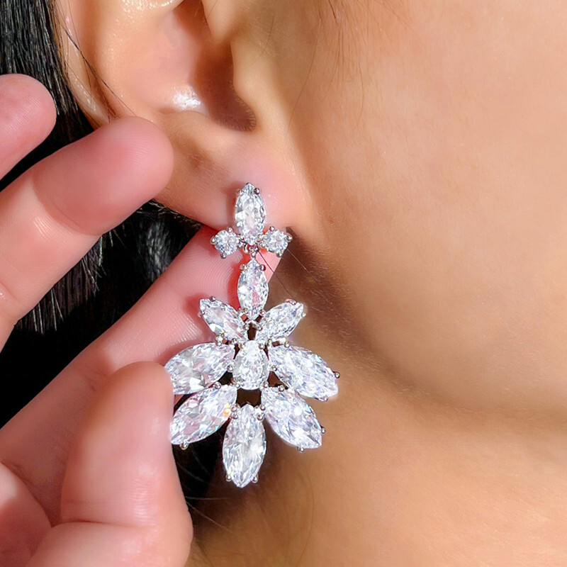 Silver Plated Sparkling Zircon Crystal Leaf Long Dangle Drop CZ Wedding Earrings