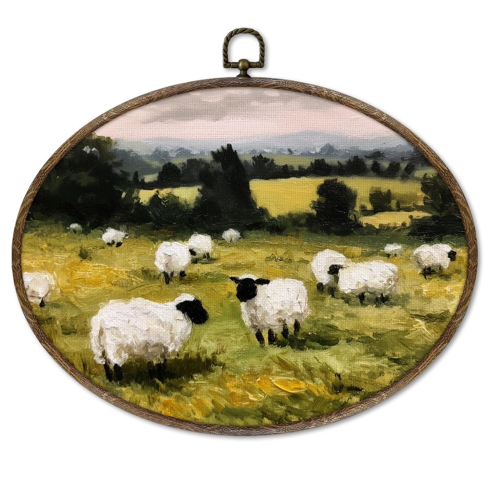 Vintage Black Lamb Sheep Landscape Oval Framed Wall Art Decor, Easter Antique...