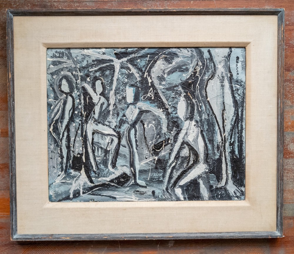 Mid-Century Modern Abstract Painting with Figures Unsigned Pop Art-image