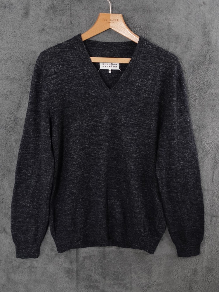 Maison Margiela Jumper Mens Large Blue Grey Leather Elbow Pads Wool Linen Knit