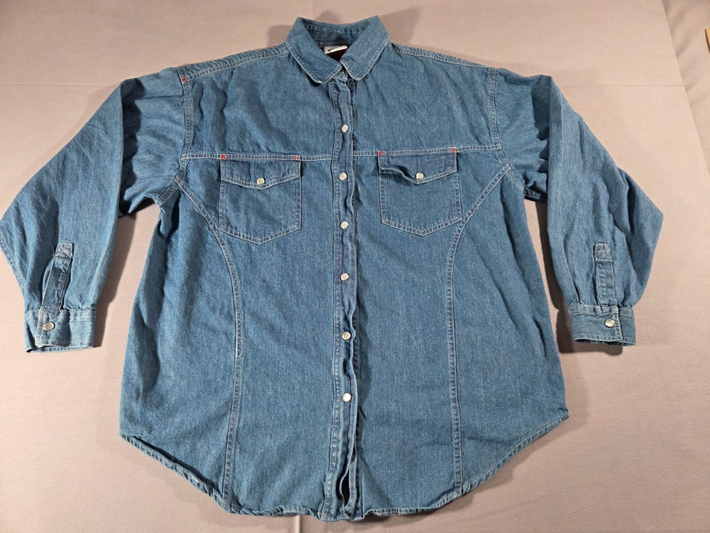 SASSON Denim Blue Shirt Mens Large Pearl Snap Button Western Style