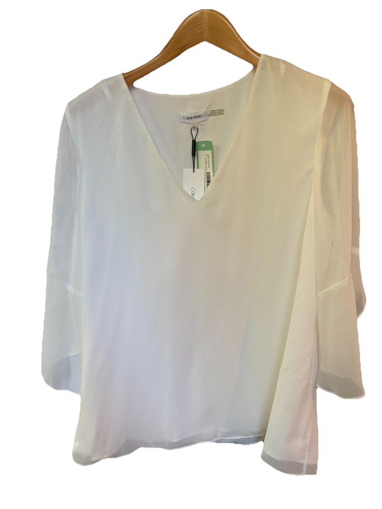 NWT Calvin Klein Women’s Off White Bell Sleeve Blouse SZ L Spring Shirt Summer