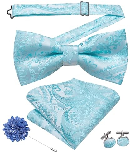 Men's Pre-Tied Bow Tie with Pocket Square & Lapel Pin in Light Blue Paisley Floral