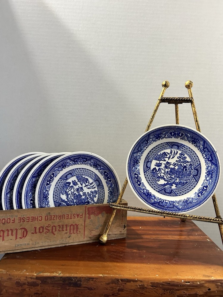 Set of 6 Willow Ware saucers Willow Blue & White Ceramic Plate, Round Glossy